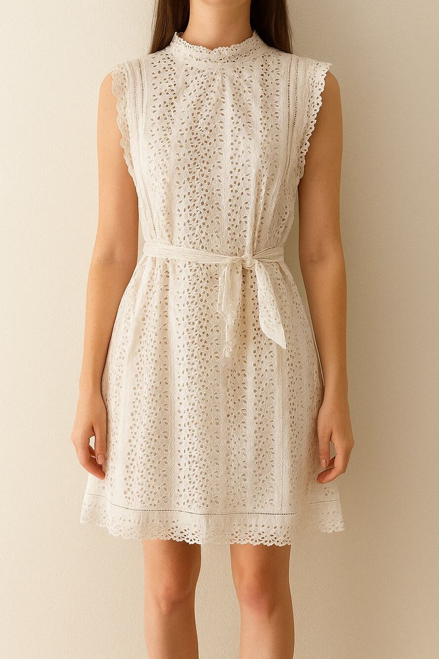 Rebecca Taylor White Eyelet Cotton Mini Dress Cap Sleeve Belted Size 6